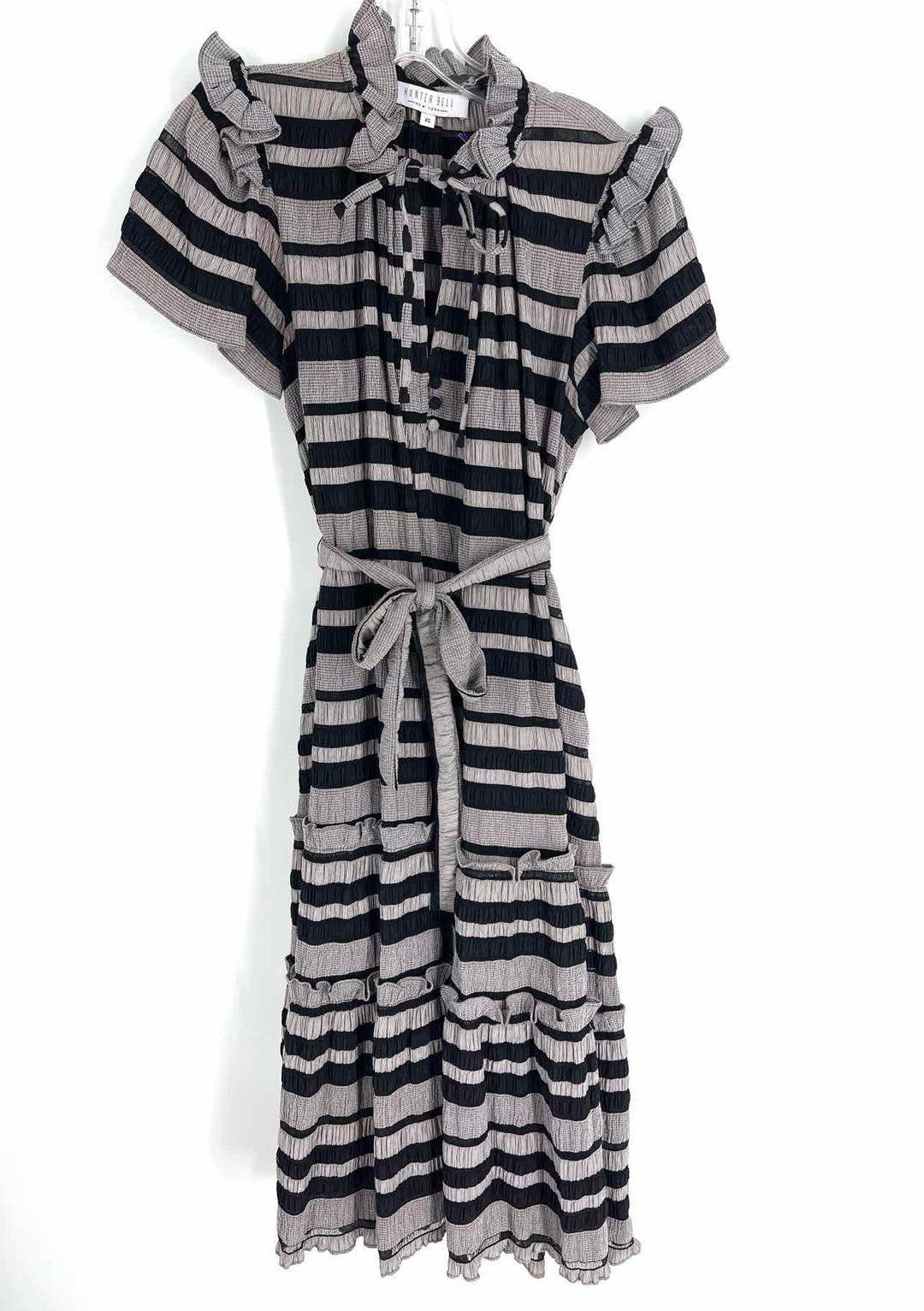 Hunter Bell Size XS Gray/Black Stripe Textured Belted Designer Dress Maxi