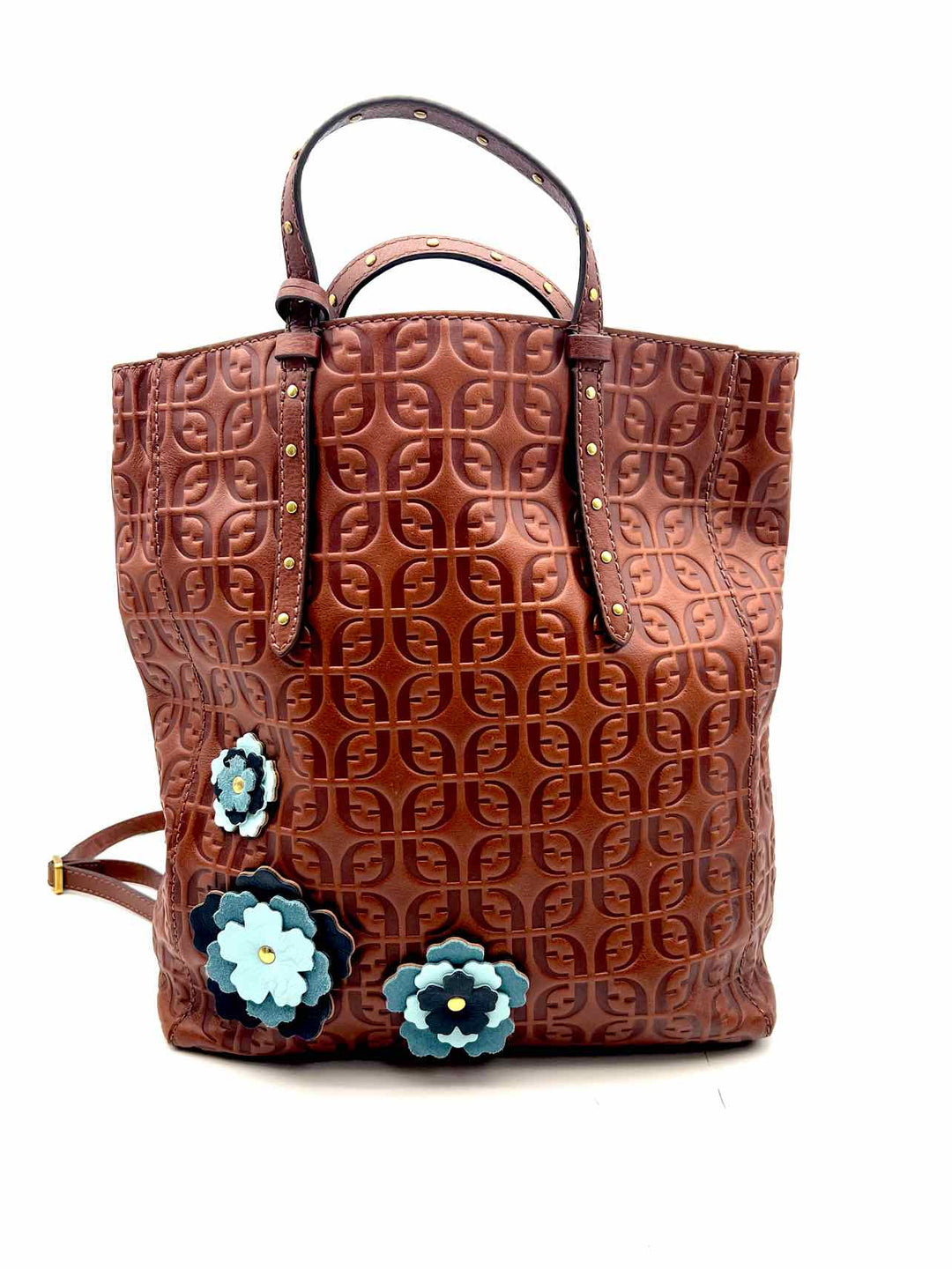 Fossil Cognac/Blue Embossed Floral Applique Leather Purses Backpack – Another Season Consignments
